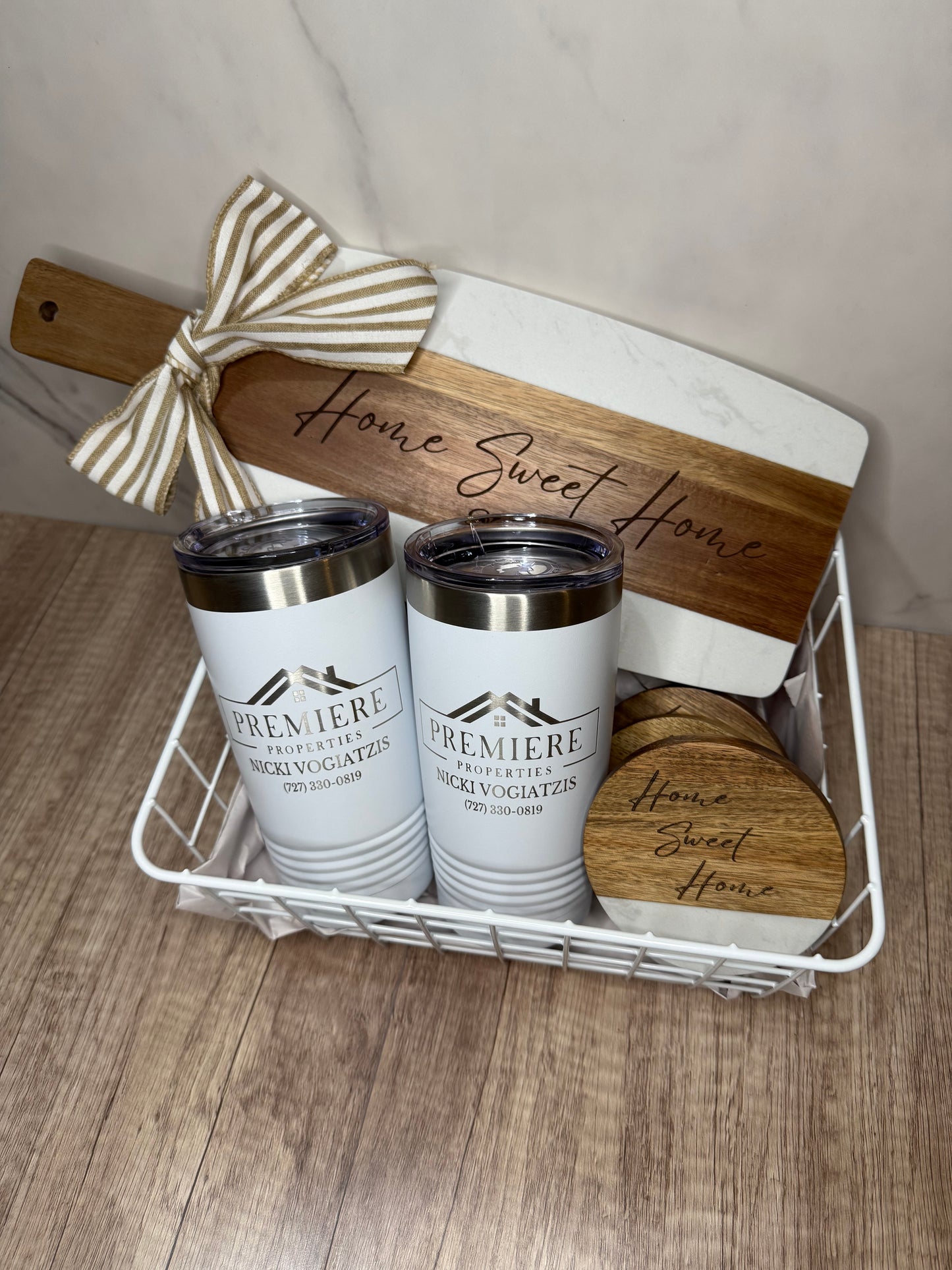 HOME SWEET HOME GIFT BASKET WITH WOOD/MARBLE COASTERS